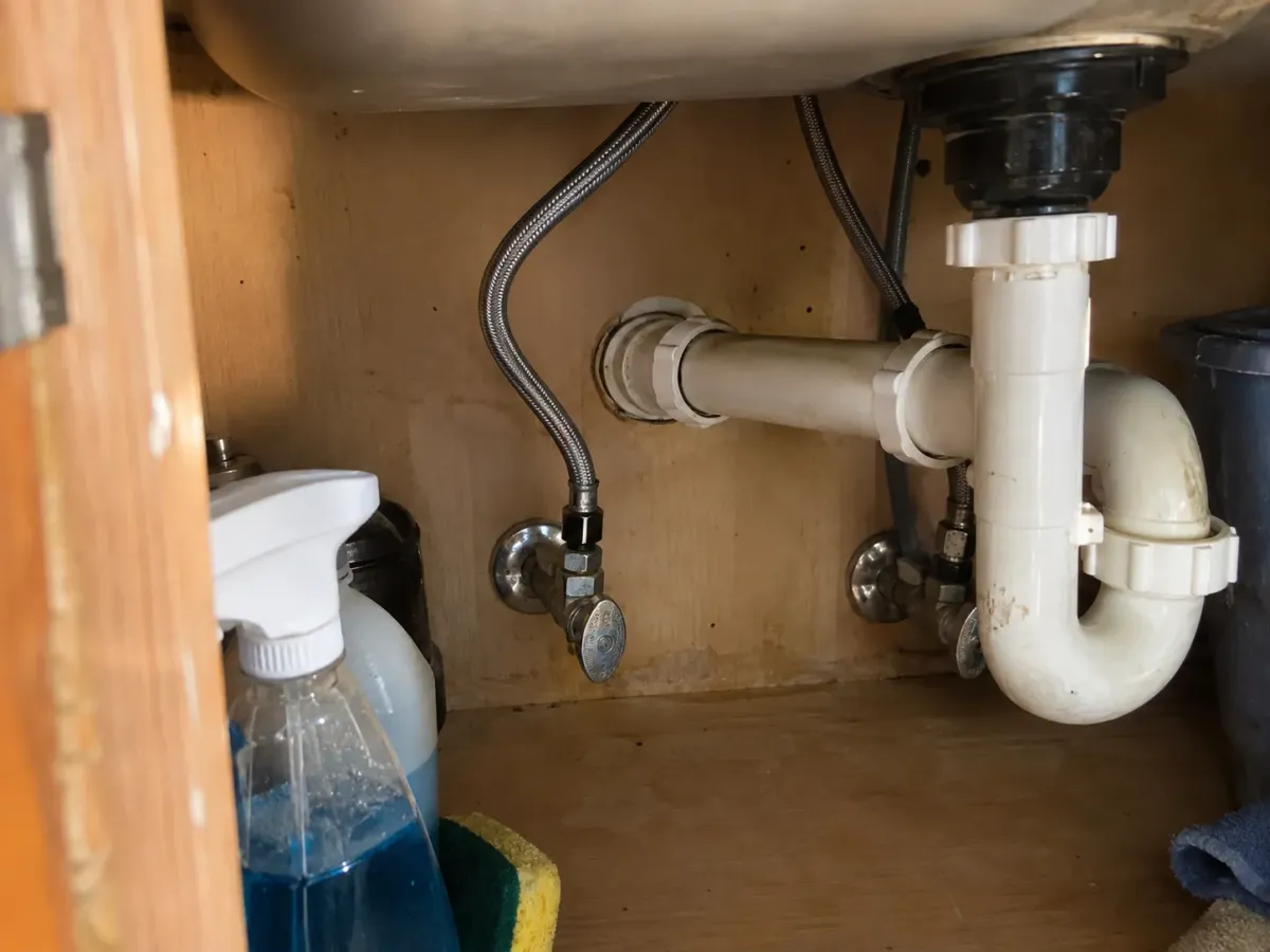 Inside a bathroom sink cabinet showing white PVC drain pipes, braided water lines, and partial cleaning supplies.