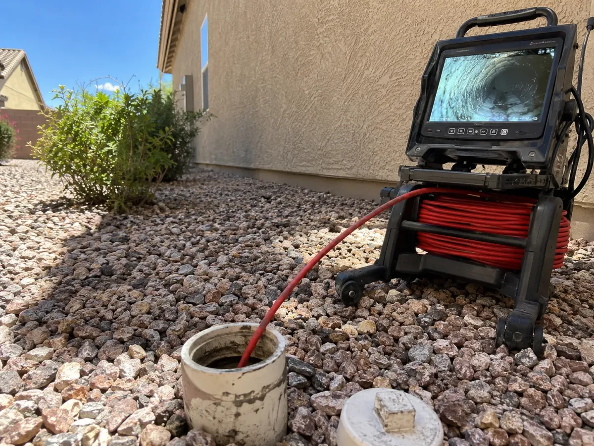 A pipe inspection camera with a red cable entering a white PVC pipe in a rock-filled desert landscape.