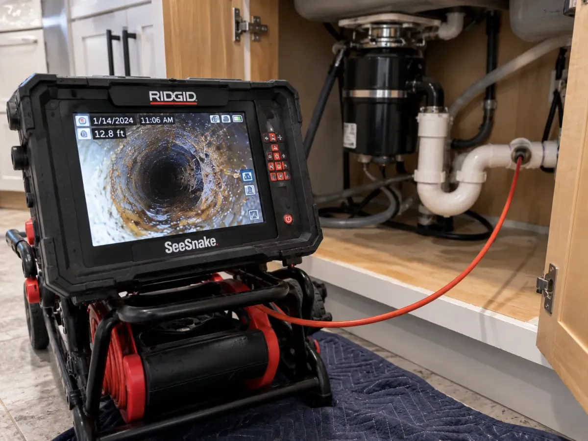 A RIDGID SeeSnake drain inspection camera with its screen displaying a pipe interior, set up under a kitchen sink.