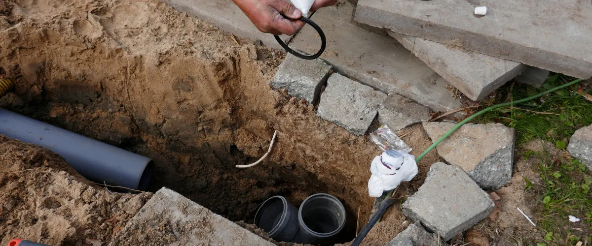 A dug-out trench in sandy soil showing gray pipes, concrete slabs, and a hand working on electrical wiring.