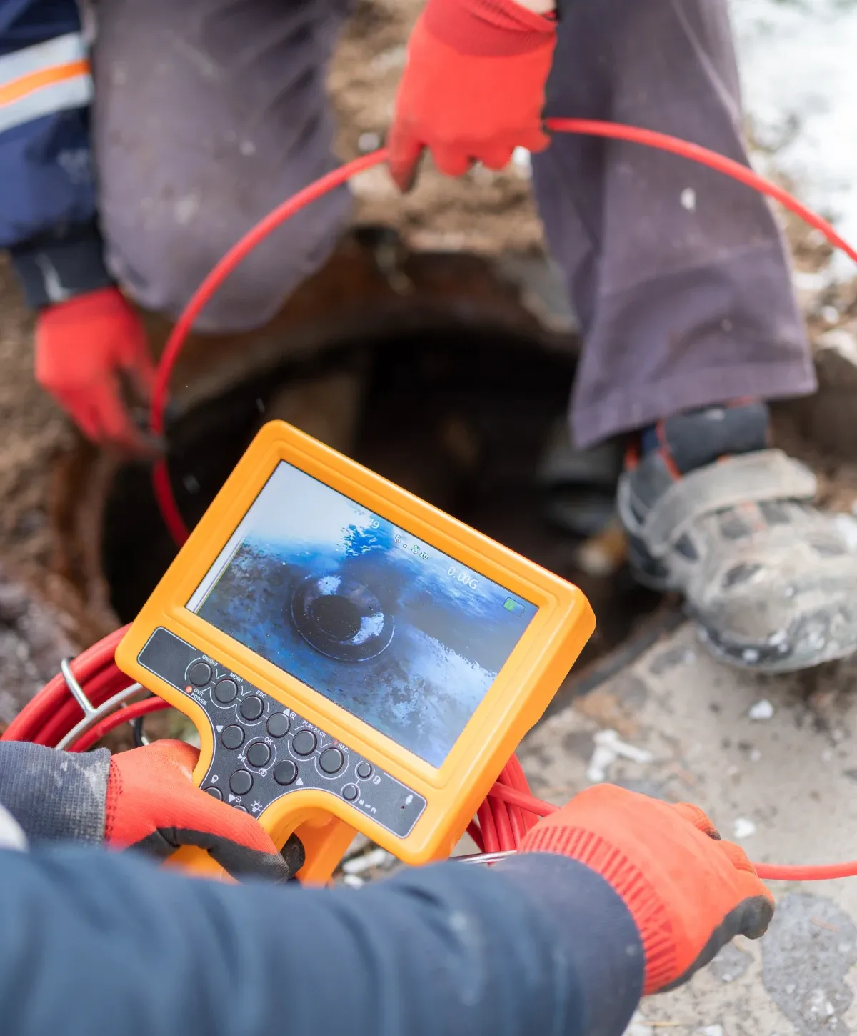 A worker's gloved hands operate an orange pipe inspection camera with a screen displaying an inside pipe view, lowering a red cable into a manhole.