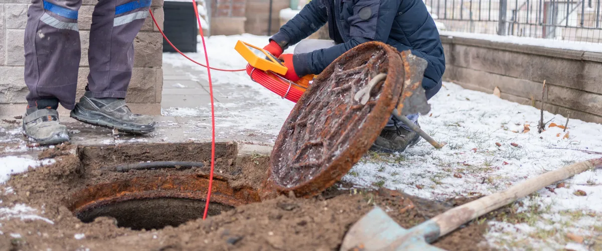 Two utility workers inspect an open manhole on a snowy ground, with one holding a device connected by a red cable.