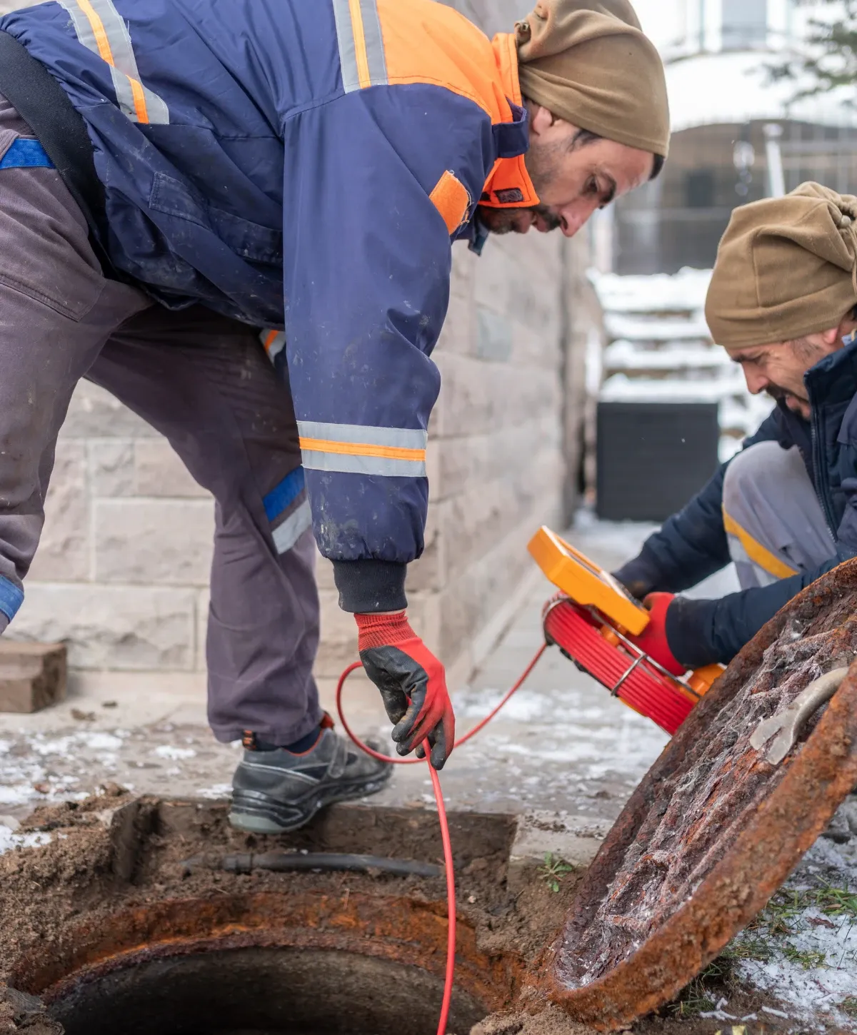 Two utility workers in work jackets and beanies inspecting an open manhole with a red cable and locator device.
