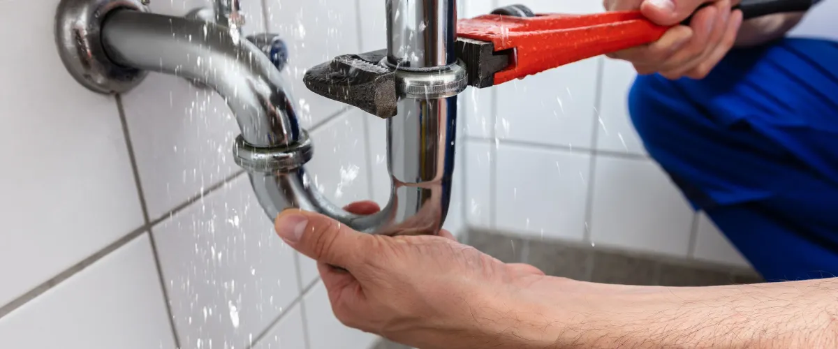 A plumber's hands use a red pipe wrench to fix a chrome sink pipe that is actively leaking water.