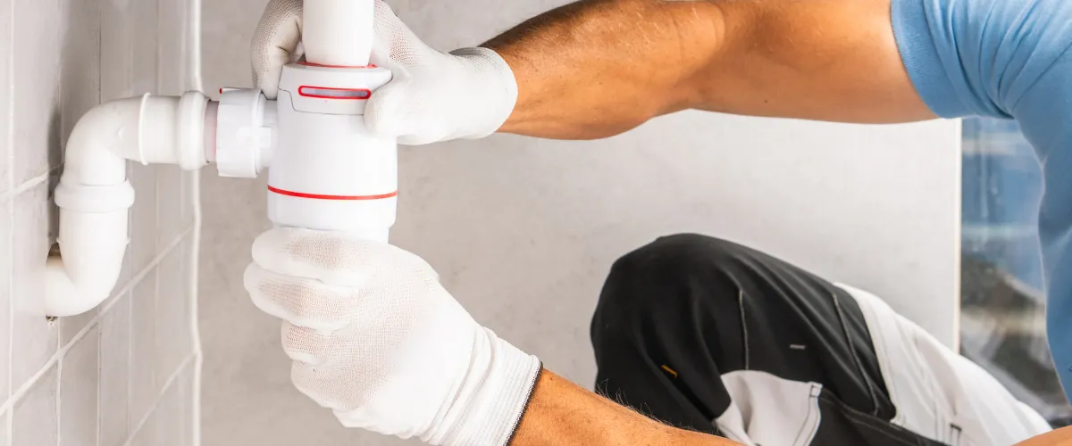 A close-up of a person in white gloves connecting white PVC drain pipes with red accents against a tiled wall.