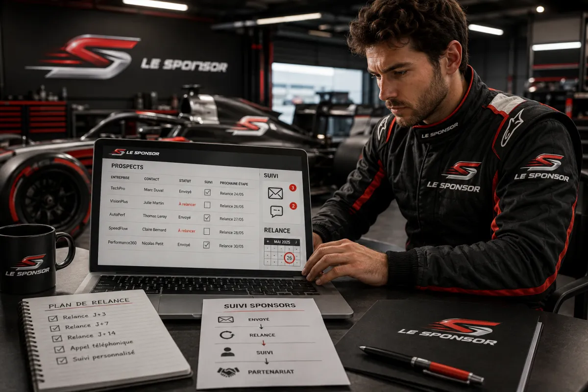 Pilote en combinaison Le Sponsor travaillant sur un ordinateur portable dans un garage de course, avec une liste de prospects, des rappels de suivi et des documents de relance sur la table, devant une voiture de course aux couleurs rouge, noir et blanc.