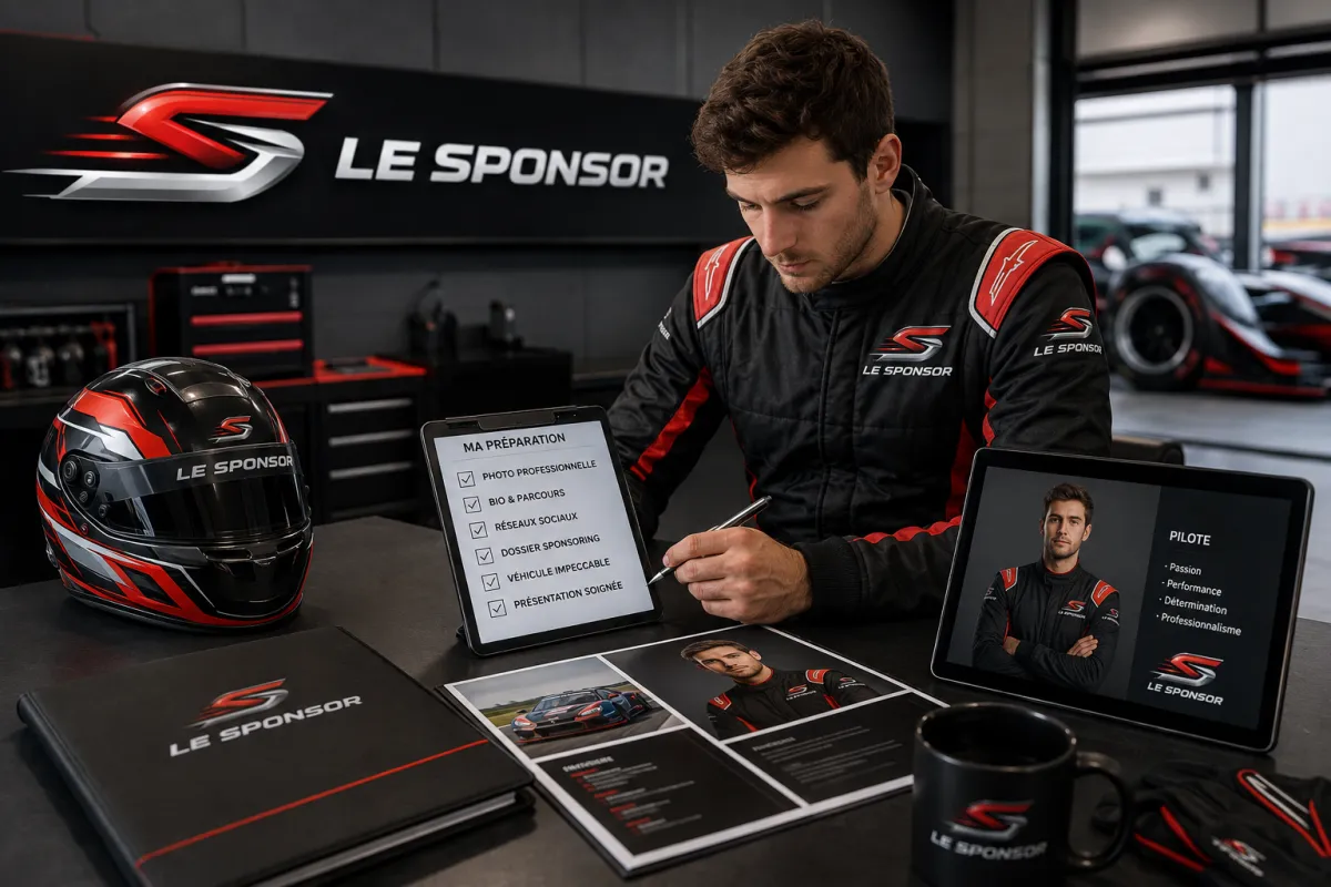 Pilote de course préparant son image professionnelle dans un garage aux couleurs Le Sponsor, avec une checklist de préparation, un portfolio pilote, des photos officielles, un casque et une voiture de course en arrière-plan.