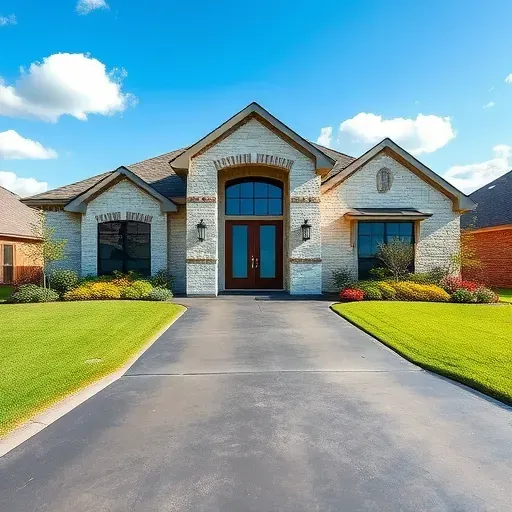 Completed modern home in West Midlothian TX featuring light stone walls, large windows, lush lawn, and vibrant landscaping.