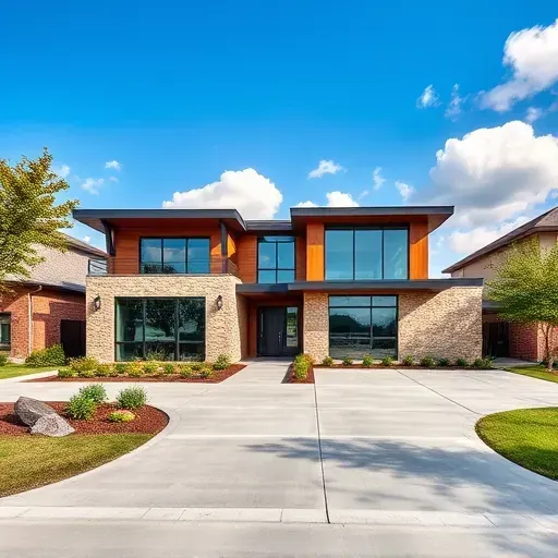 Beautiful modern home in North Euless TX with natural materials, energy-efficient windows, and inviting landscaping.