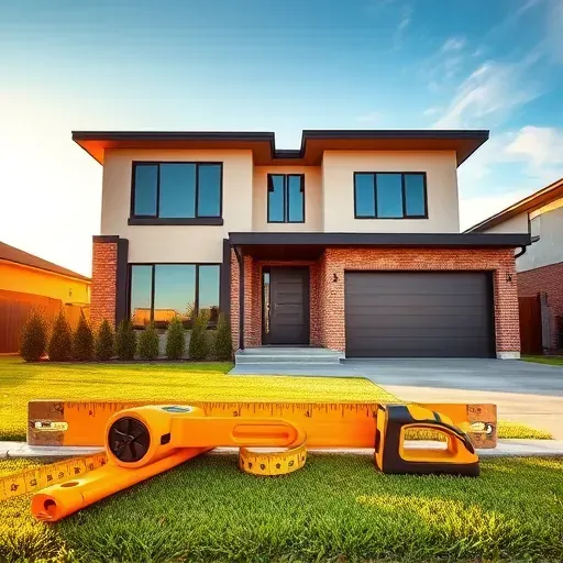 Completed modern home in East Arlington with large windows, brick accents, manicured lawn, and construction tools.