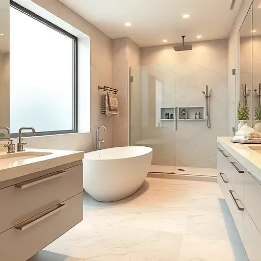 Remodeled Arlington bathroom with freestanding tub, frosted window, marble countertops, and large porcelain tiles.