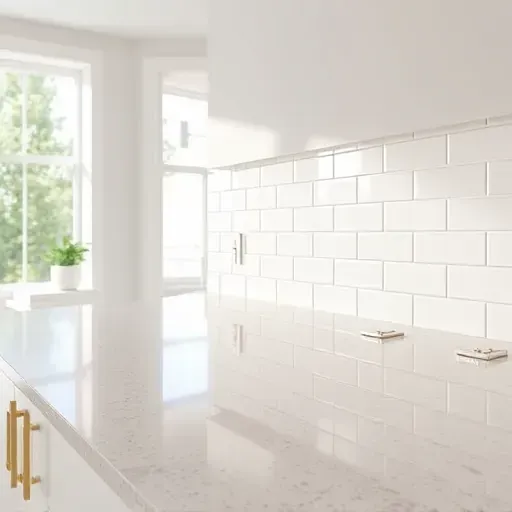 Modern kitchen in Arlington TX featuring glossy white subway tile backsplash, polished granite countertop, and sleek hardware.