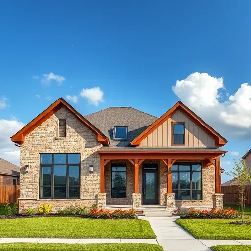 Contemporary family home in East Mansfield TX with stone, wood accents, large windows, and landscaped yard.