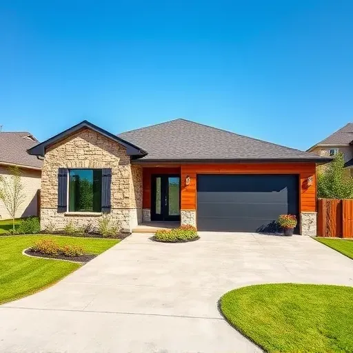 Newly constructed modern single-family home in Arlington TX featuring stone and wood elements, landscaped yard, and vibrant sky.