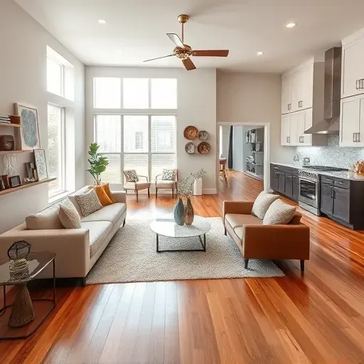 Beautiful renovated Arlington living room with hardwood floors, sleek furnishings, large energy-efficient windows, and open-concept modern kitchen