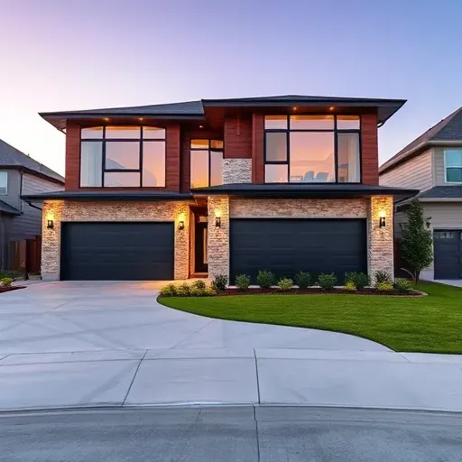 Completed modern two-story home in Euless, TX with large windows, wooden and stone design, and elegant lighting at sunset.