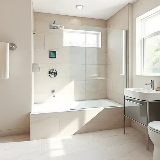 New Arlington TX bathroom with a sleek tiled shower, frameless glass enclosure, chrome fixtures, and natural lighting