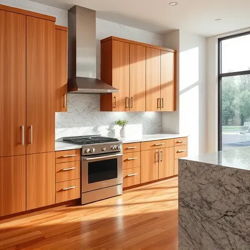 Freshly installed modern wooden kitchen cabinets with granite countertops, stainless steel appliances, and bright daylight in Arlington TX