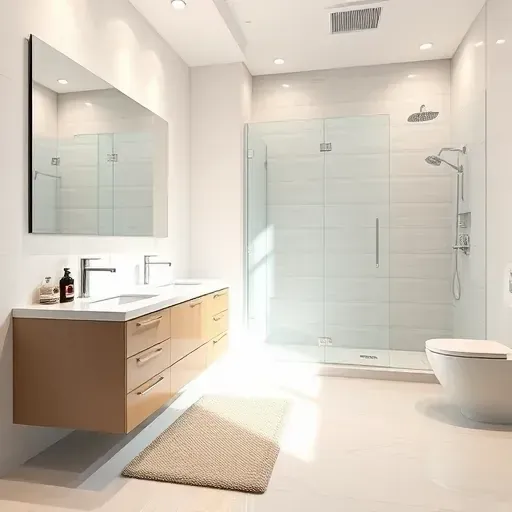 Renovated bathroom with sleek fixtures, marble vanity, glass shower, neutral tiles, natural lighting, and modern decor