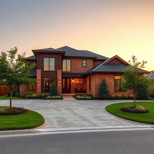 Contemporary home exterior in West Mansfield TX with large windows, brick and wood cladding, lush landscaping, and golden hour glow.