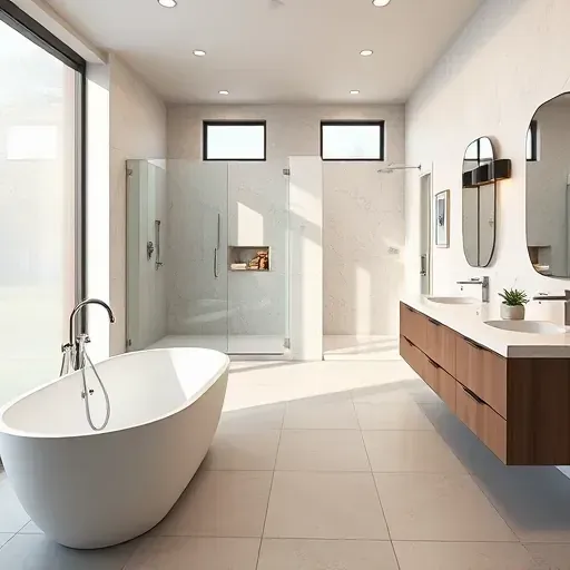 Renovated North Cedar Hill TX bathroom with modern freestanding tub, walk-in shower, marble vanities, and natural light