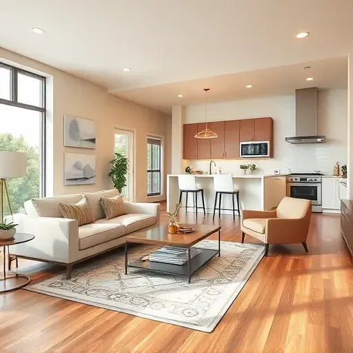 Remodeled Arlington TX living room with modern design, natural light, hardwood floors, contemporary furniture, and open kitchen