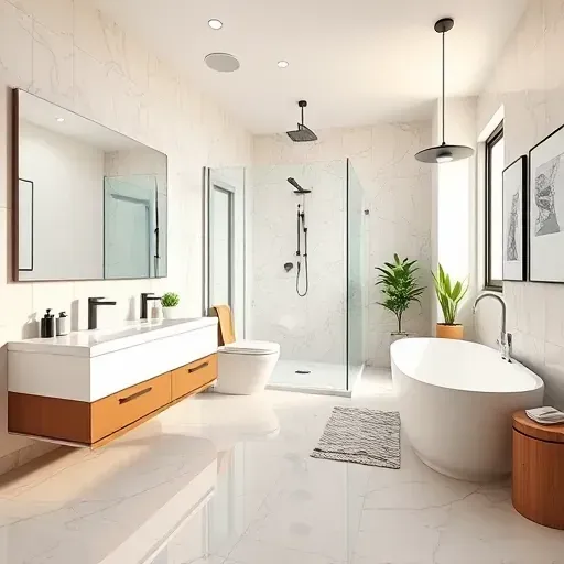 Renovated bathroom in South Arlington TX with modern design, marble flooring, glass shower, and freestanding tub.
