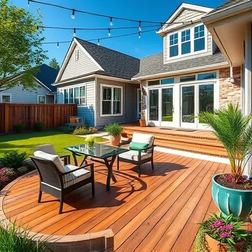 Stylish Arlington backyard patio with hardwood decking, lush landscaping, modern dining set, and a renovated suburban house