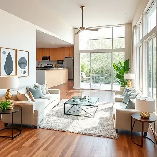 Renovated Arlington TX living room with modern design, neutral furniture, large windows, elegant decor, and open-concept kitchen.