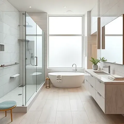 Remodeled North Arlington TX bathroom with modern fixtures, marble countertops, walk-in shower, soaking tub, and luxury details