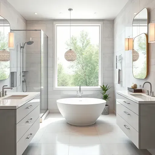 Renovated Woodland West Texas bathroom with modern fixtures, walk-in shower, freestanding tub, marble countertops, and lush outdoor view