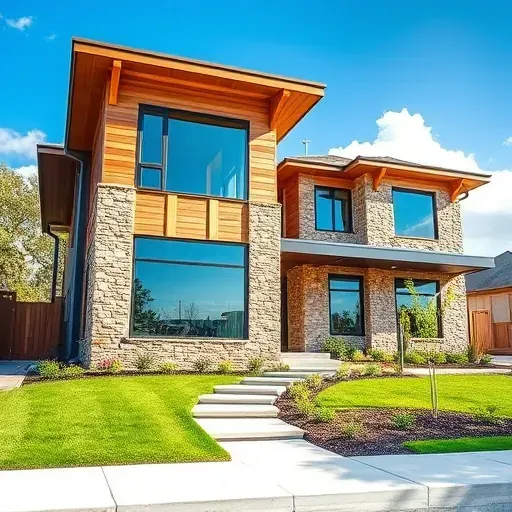 Modern residential building in North Arlington TX featuring stone and wood, landscaped yard, and energy-efficient windows.