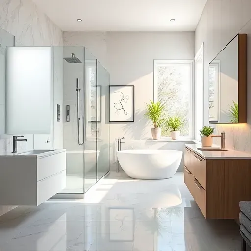 Renovated bathroom in North Midlothian featuring modern fixtures, walk-in shower, marble countertops, and natural light.