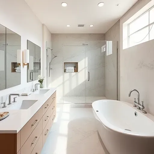 Modern remodeled bathroom in Central Midlothian TX with marble countertops walk-in glass shower soaking tub stylish vanity neutral walls natural lighting