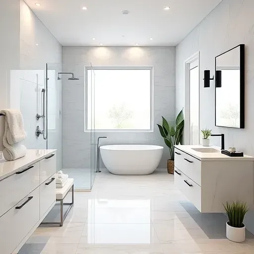 Remodeled South Cedar Hill TX bathroom with marble countertops, glass shower, soaking tub, black hardware, and modern decor