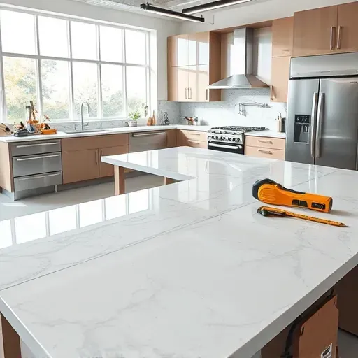 Modern upscale kitchen with polished granite and quartz countertops on workbenches, tools nearby, bright natural light