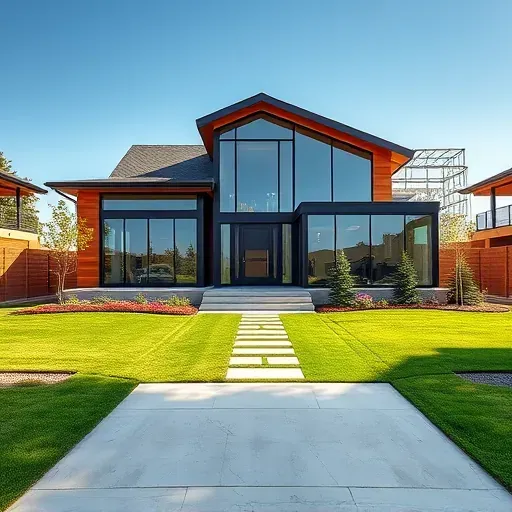 Completed modern home in East Grand Prairie TX with glass windows, wood panels, landscaped yard, and organized site.
