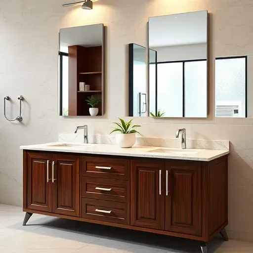 Completed luxury bathroom vanity in Arlington TX with dark wood, marble countertops, porcelain sinks, chrome fixtures, and soft lighting