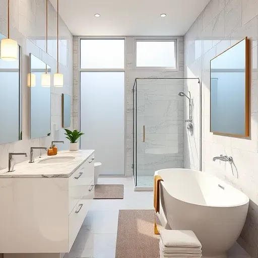 Renovated Midlothian TX bathroom featuring modern fixtures, glass shower, soaking tub, marble countertops, natural light, and stylish decor