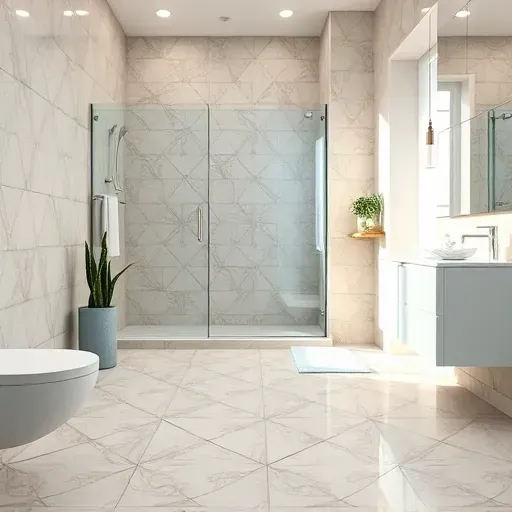 Beautiful completed bathroom with glossy patterned ceramic tiles, modern fixtures, and elegant design in Arlington TX
