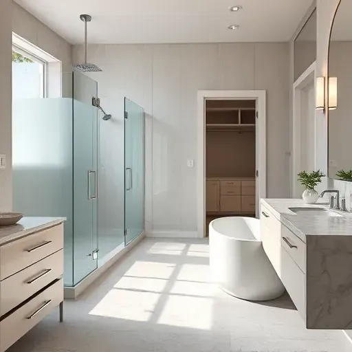 Remodeled Arlington TX bathroom with modern fixtures, marble countertops, freestanding tub, and natural light.