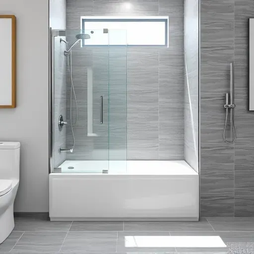 Recently finished tub-to-shower conversion in Arlington TX featuring glass enclosure, chrome fixtures, gray tiles, natural sunlight