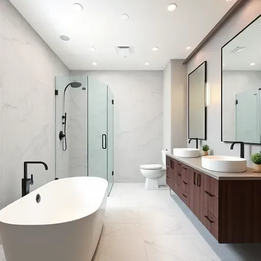 Modern renovated bathroom in West Arlington TX with walk-in shower, marble tiles, freestanding tub, dark wood vanities, large mirrors, neutral walls and greenery