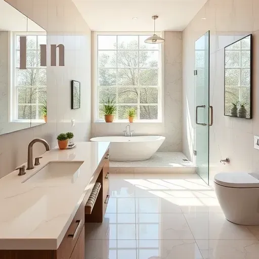 Modern Arlington TX bathroom with marble countertops, glass shower, neutral tones, chrome fixtures, and natural sunlight