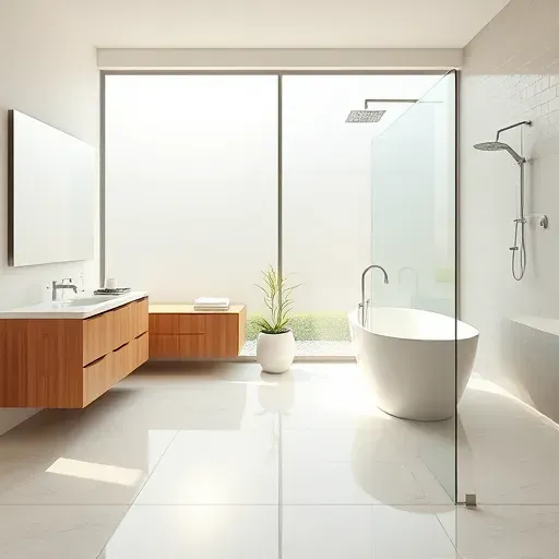 Renovated bathroom in South Euless TX with modern fixtures, freestanding bathtub, and natural light from frosted glass windows.