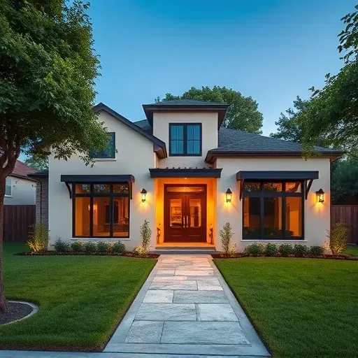 Elegant modern home in Midlothian TX features cream stucco, wooden accents, landscaped yard, and clear blue sky.