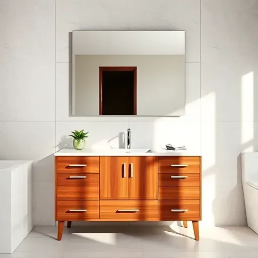 Completed modern bathroom vanity with polished wood, marble countertop, large mirror, and high-end fixtures in Arlington TX