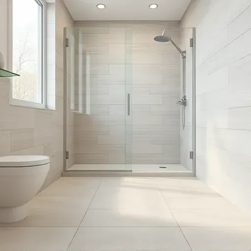 Beautiful modern bathroom with beige and gray ceramic tiles, sleek grout lines, glass shower, chrome fixtures, and natural light.