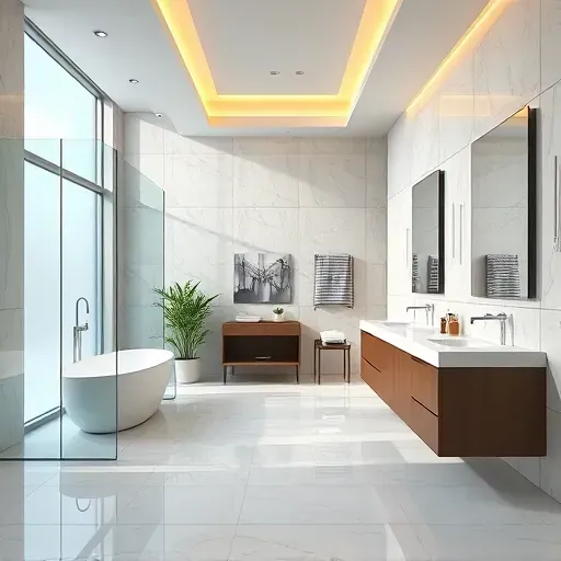 Modern bathroom in West Cedar Hill TX with frameless shower, freestanding tub, double vanity, marble floors, and neutral tiles