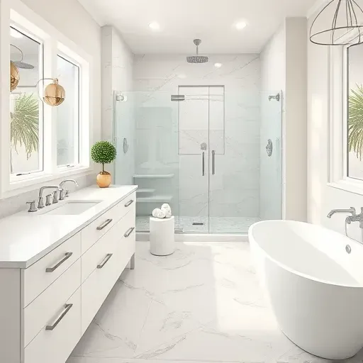 Modern bathroom remodel in Crandall TX features white marble counters, sleek fixtures, walk-in shower, and freestanding tub.